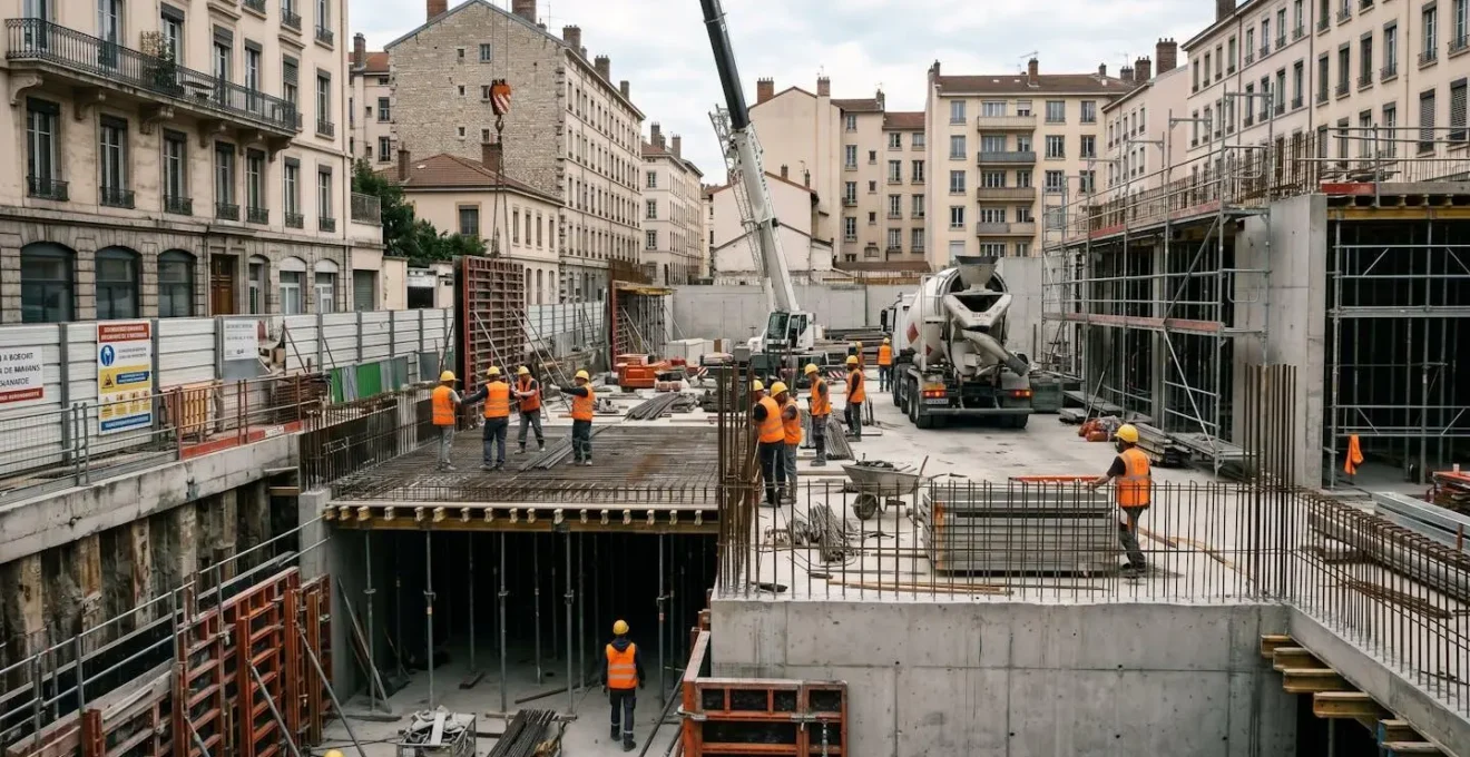 Chantier de construction d'un bâtiment public à Lyon montrant des fondations profondes en cours, une grue mobile, des échafaudages métalliques, plusieurs ouvriers en gilets de sécurité orange travaillant sur le site, et des immeubles résidentiels lyonnais en arrière-plan