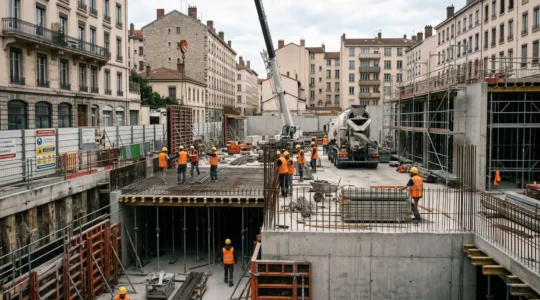 Chantier de construction d'un bâtiment public à Lyon montrant des fondations profondes en cours, une grue mobile, des échafaudages métalliques, plusieurs ouvriers en gilets de sécurité orange travaillant sur le site, et des immeubles résidentiels lyonnais en arrière-plan