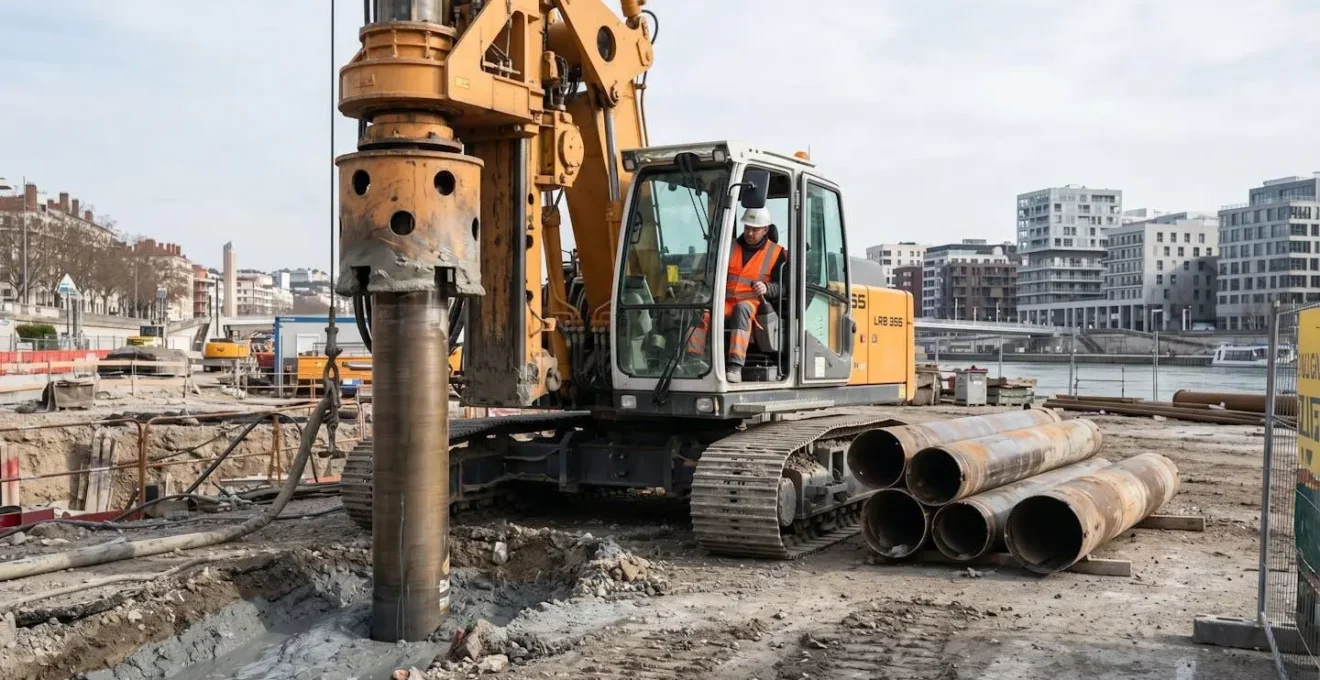 Foreuse hydraulique jaune en action sur un chantier lyonnais, enfonçant un pieu de fondation profonde dans le sol, avec opérateur aux commandes, tubes de forage métalliques et boue de forage visible au premier plan
