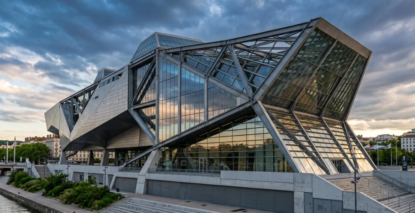 Vue extérieure en contre-plongée du Musée des Confluences à Lyon, montrant son ossature métallique contemporaine et ses larges surfaces vitrées caractéristiques avec reflets, sous un ciel dramatique