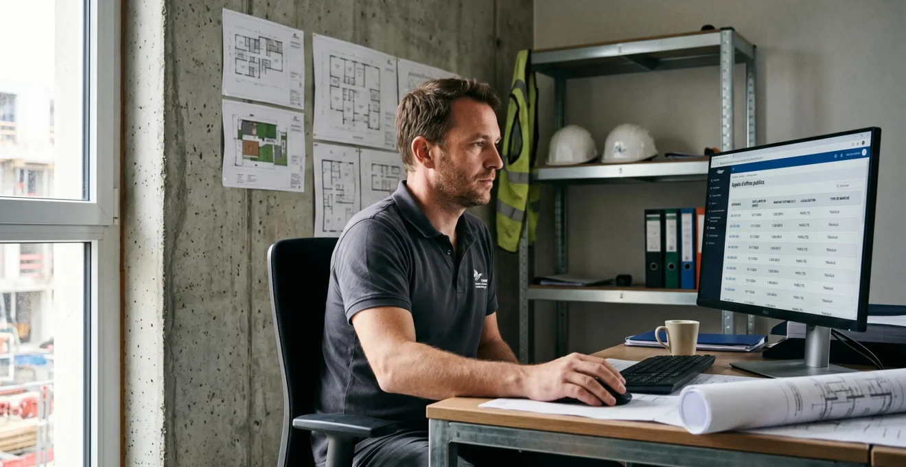 Responsable de projets BTP assis à un bureau dans un environnement industriel, consultant un écran d'ordinateur affichant une interface d'appels d'offres publics en français, avec plans de chantier et casques de sécurité visibles en arrière-plan